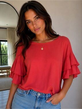 POPSUGAR Coral-Red Layered Ruffle Sleeve Blouse